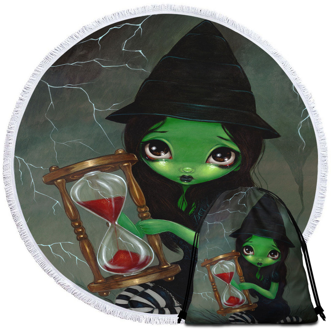 Halloween Theme Beach Towel Wicked Witch and Her Hourglass