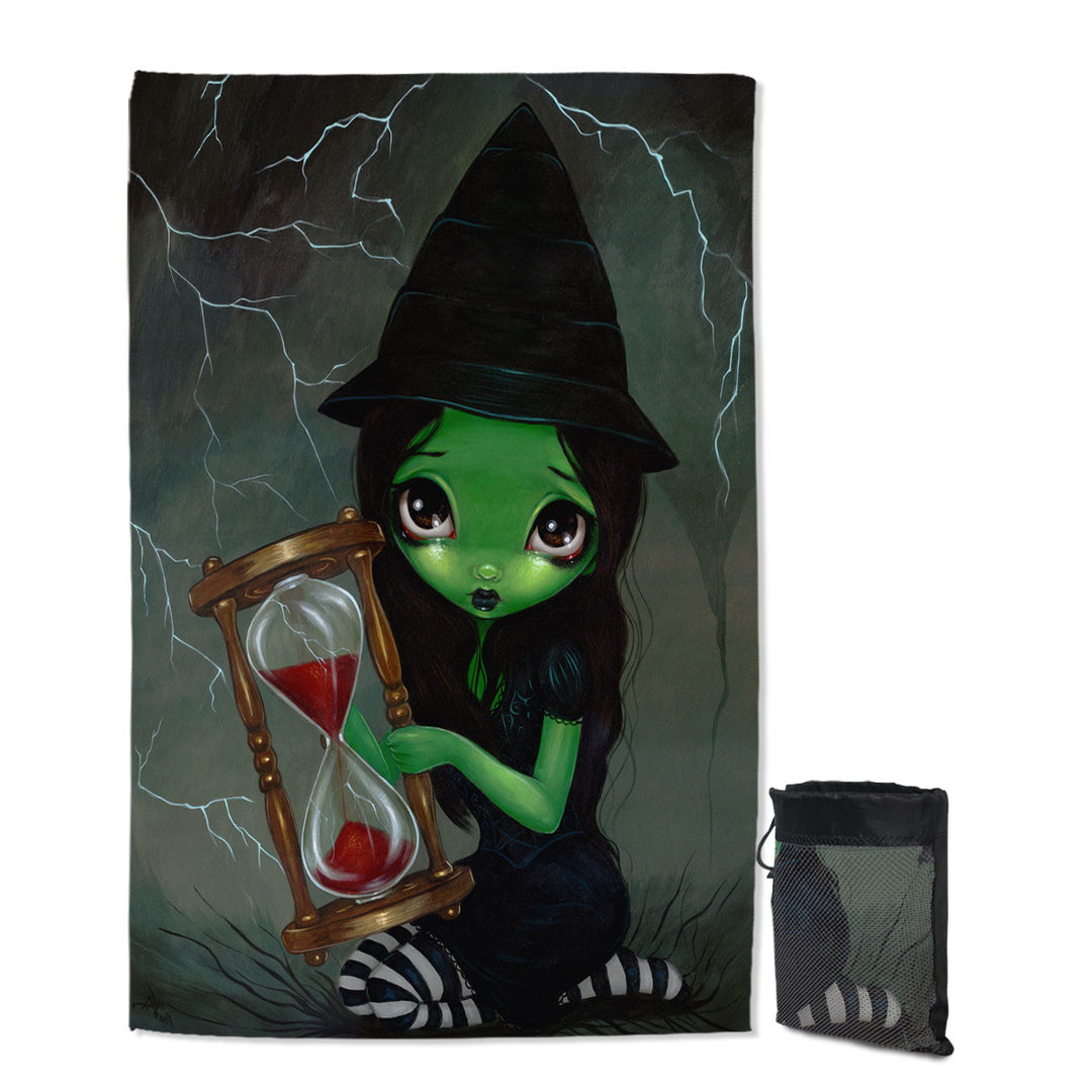 Halloween Theme Quick Dry Beach Towel Wicked Witch and Her Hourglass