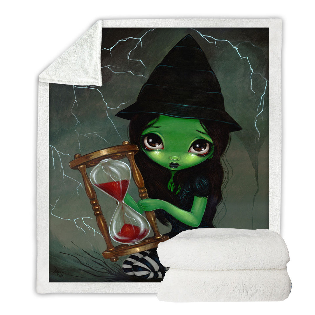 Halloween Theme Sherpa Blankets Wicked Witch and Her Hourglass