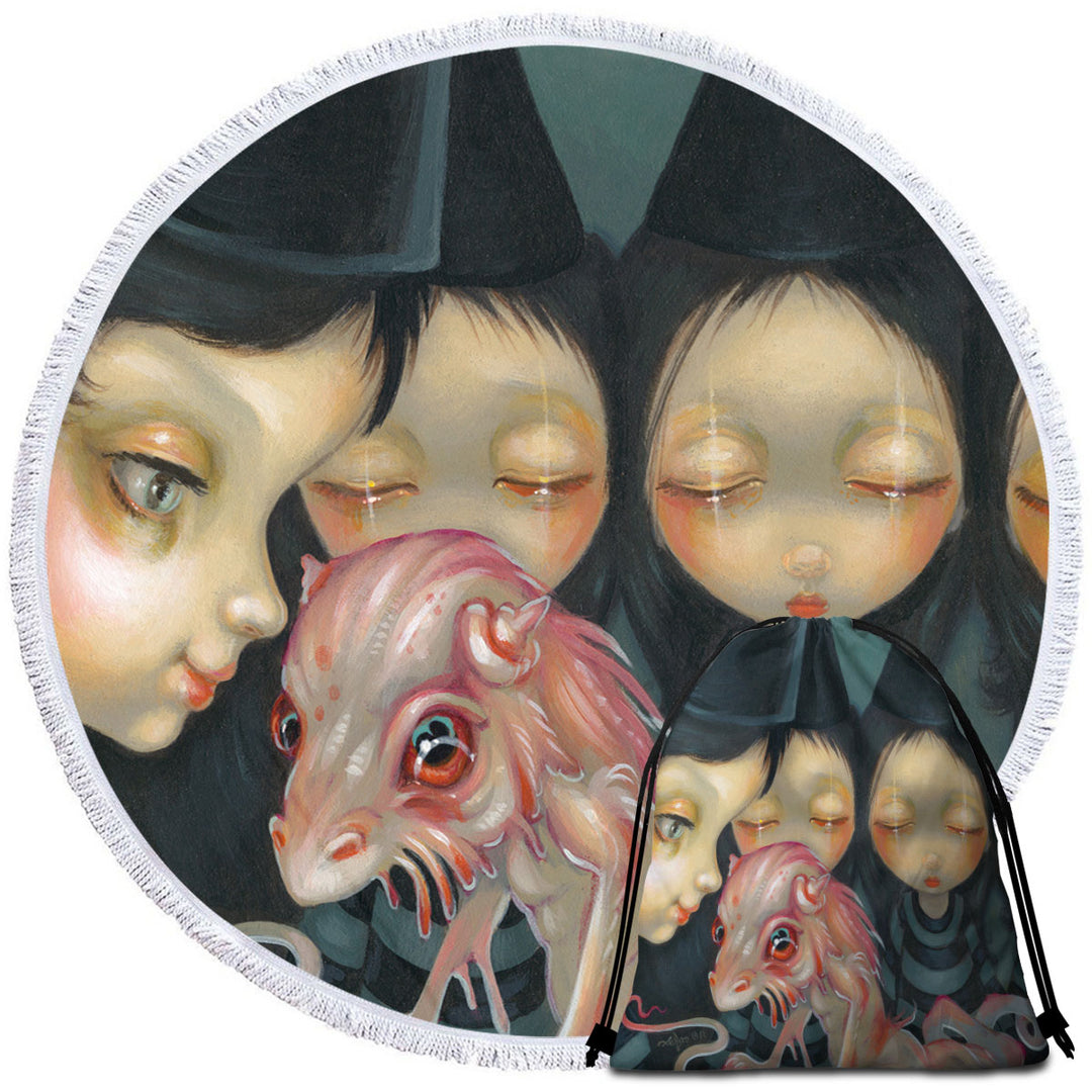 Halloween Unique Beach Towels Witchy Sisters the Pet Bizarre Dragon