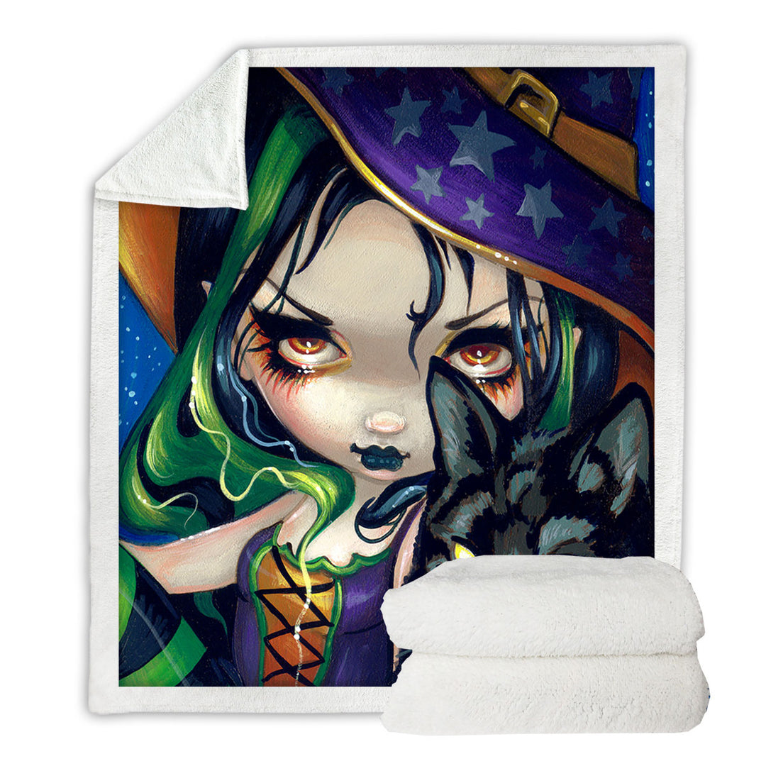 Halloween Witch Decorative Blankets Faces of Faery _114 Halloween Witch Girl and Cat