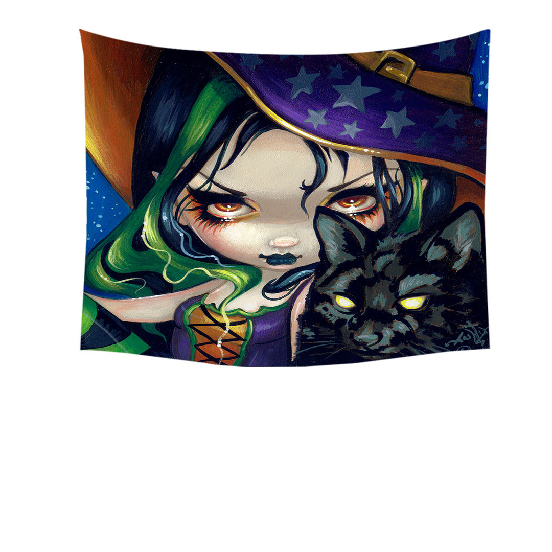 Halloween Witch Wall Decor Faces of Faery _114 Halloween Witch Girl and Cat Tapestry