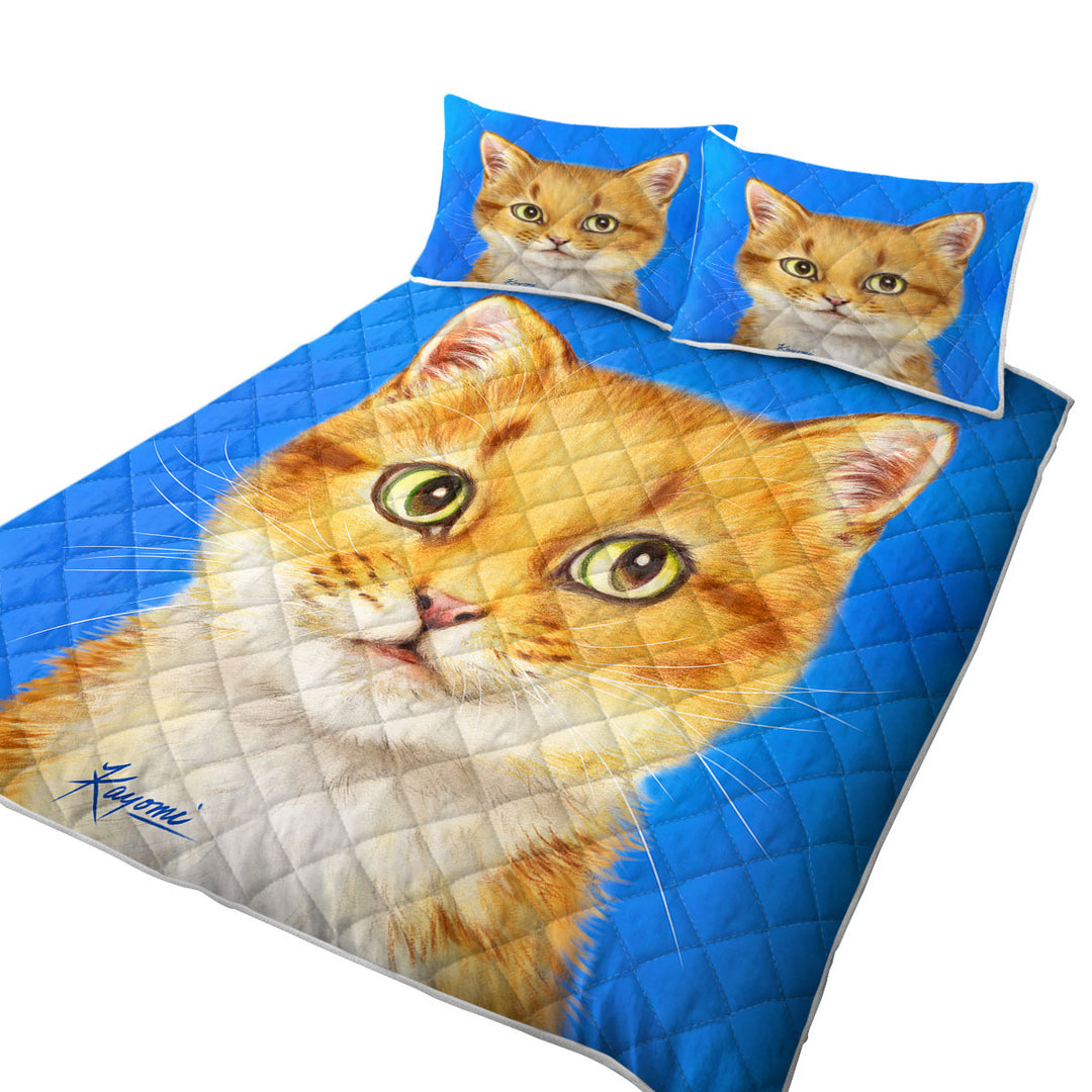 Handsome Ginger Cat over Blue King Size Quilt