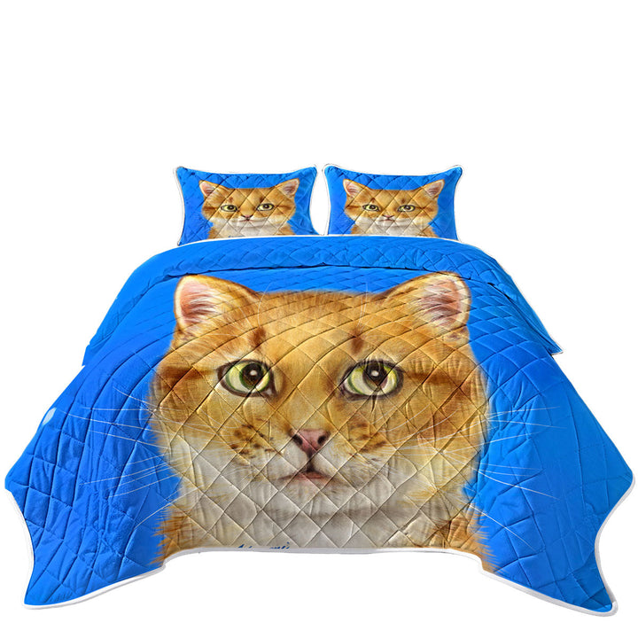 Handsome Ginger Cat over Blue Quilts for sale