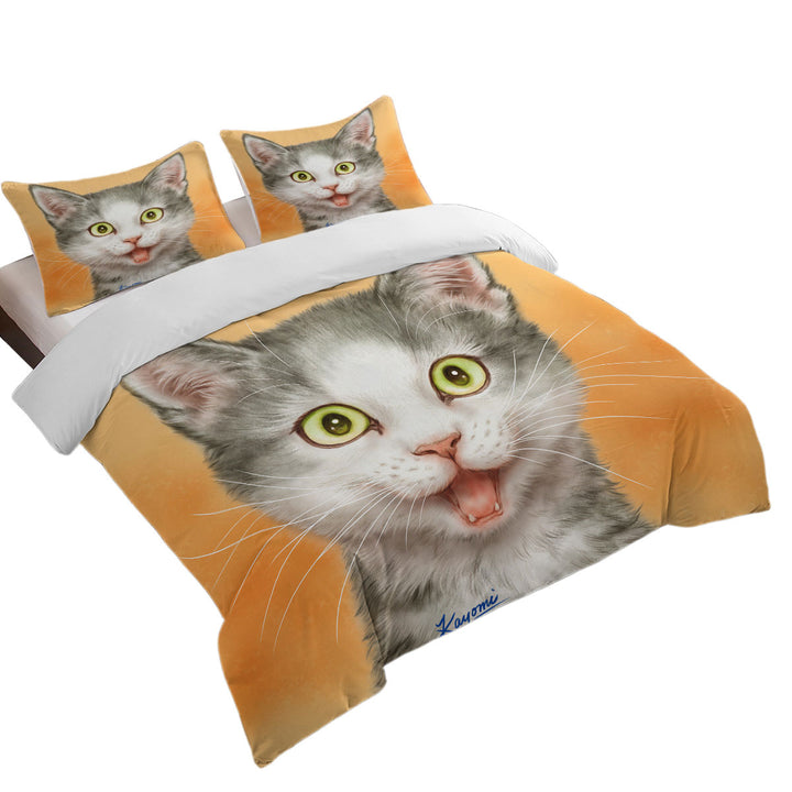 Happy and Joyful Grey Kitten over Orange Duvet Cover Queen