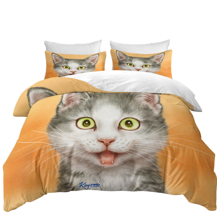 Happy and Joyful Grey Kitten over Orange Duvet Covers King