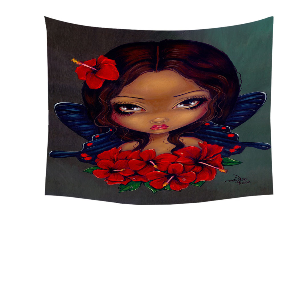 Hawaiian Tropical Red Hibiscus Fairy Tapestry Hanging Fabric on Wall