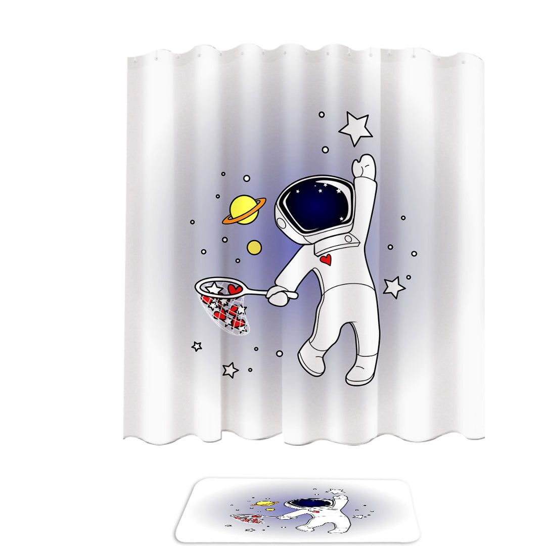 Hearts and Stars Catching Astronaut Shower Curtain