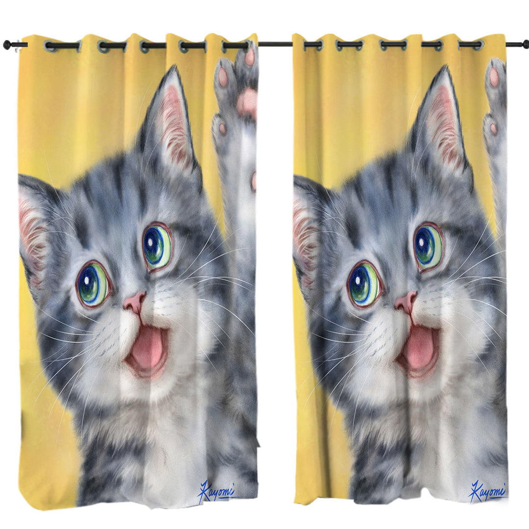 Hi Happy Cute Grey Kitty Cat Window Curtains