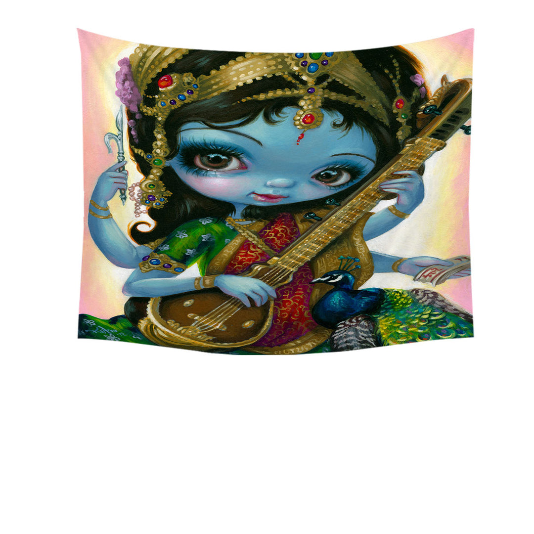 Hindu Goddess Saraswati Tapestry Playing Veena