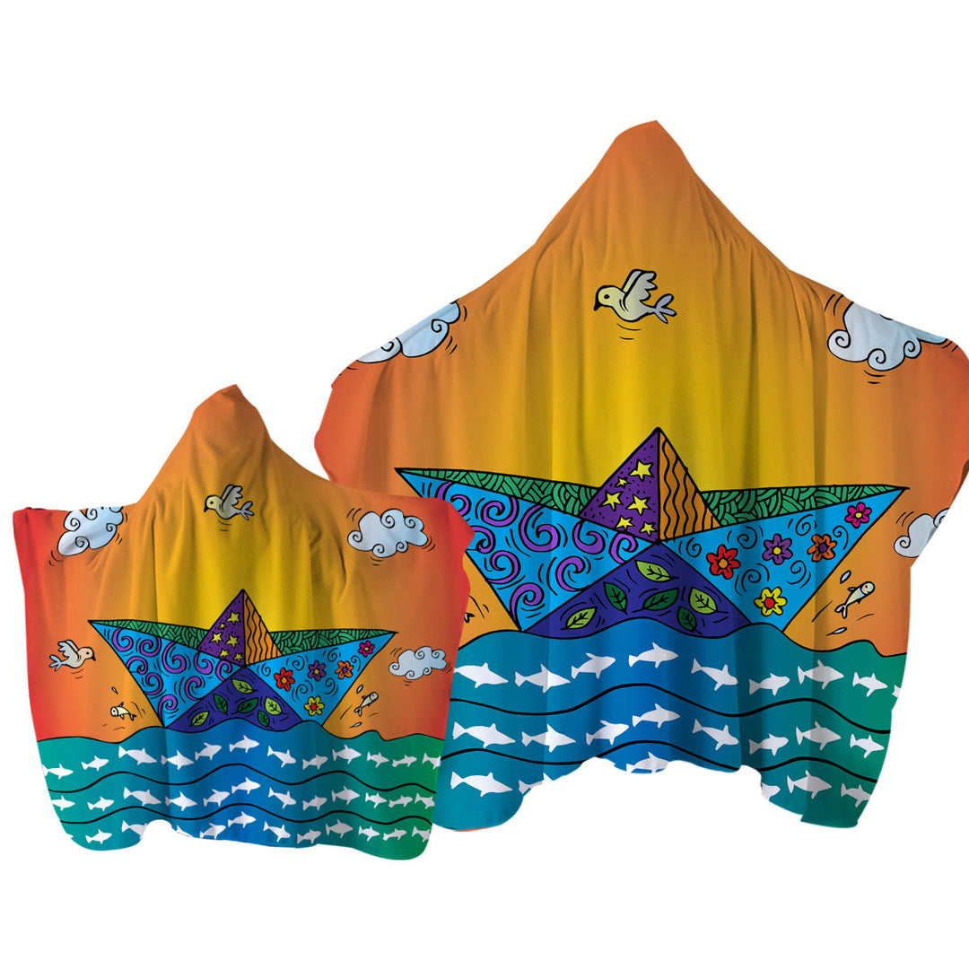 Hooded Beach Towel with Artistic Multi Colored Origami Boat