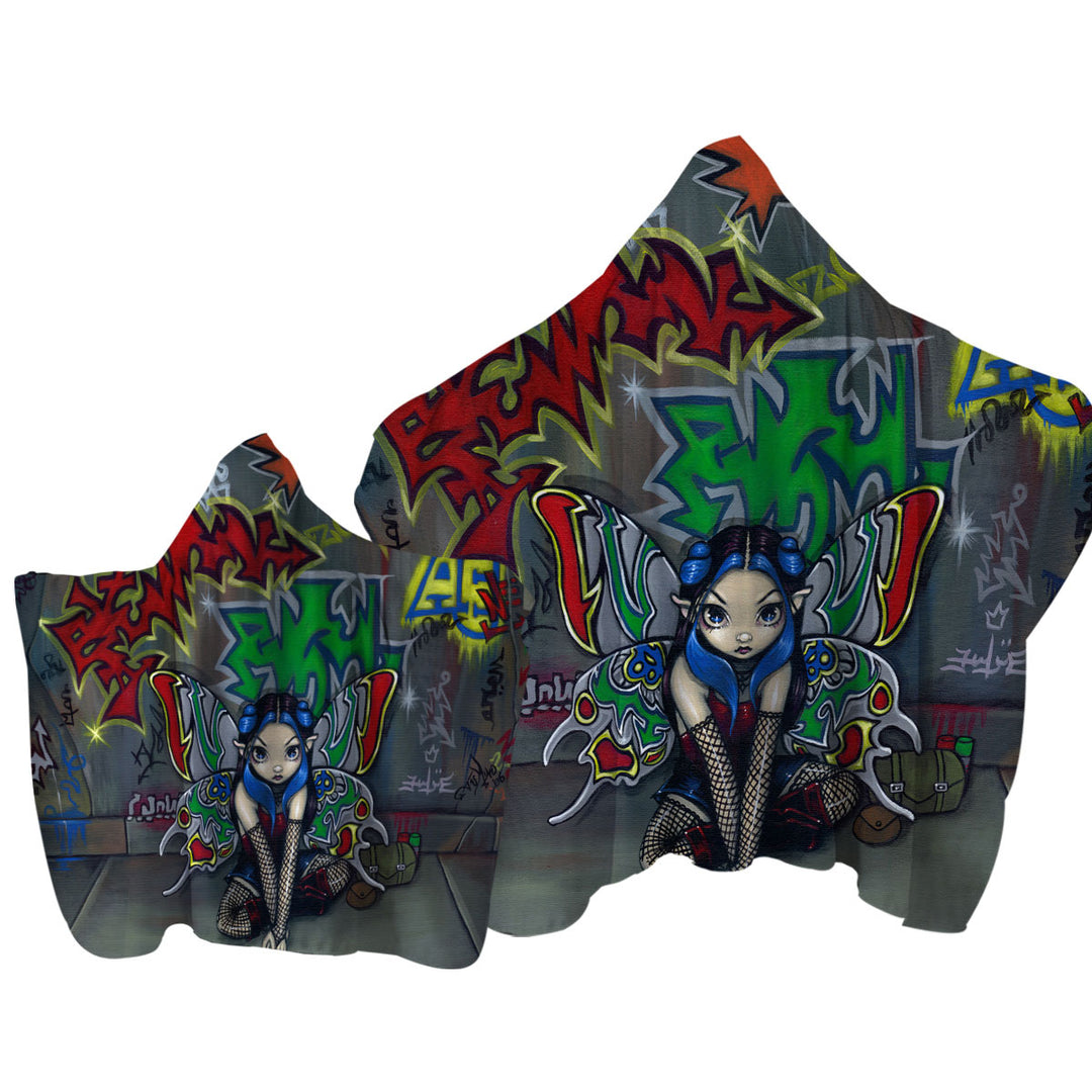 Hooded Beach Towel with Camouflage Urban Fairy in a Graffiti Alley
