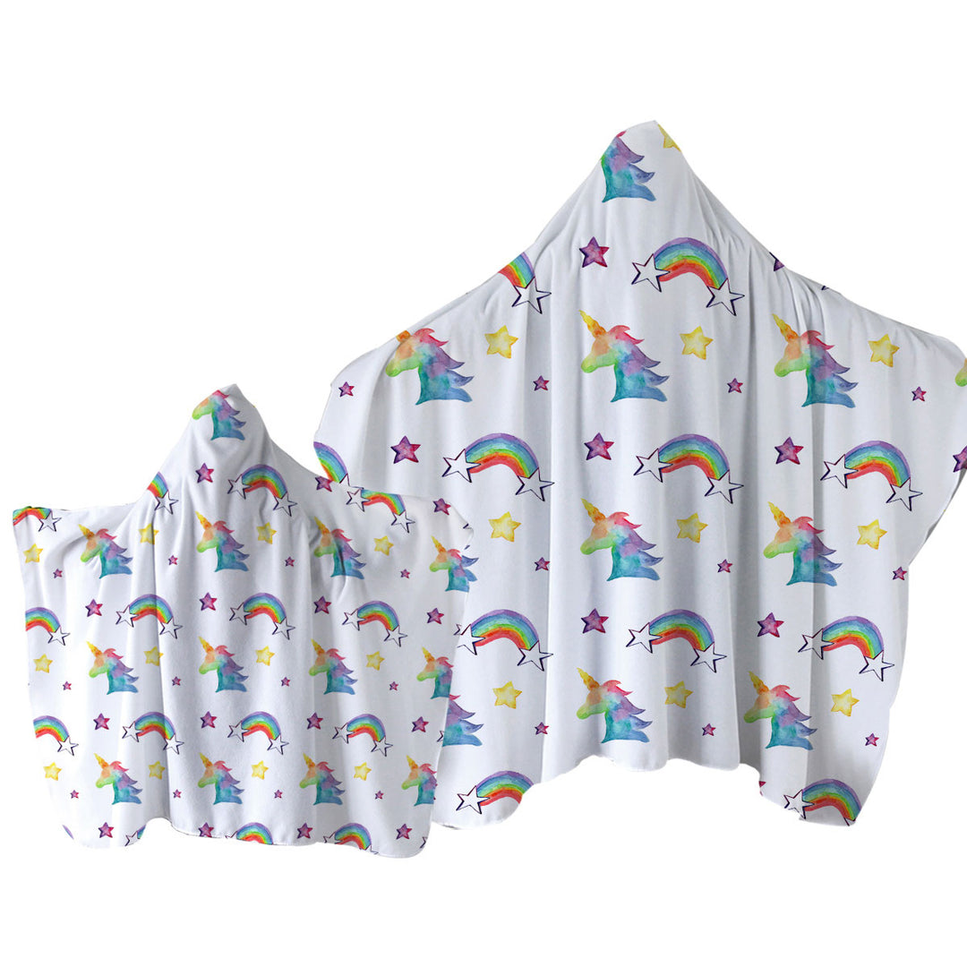 Hooded Beach Towel with Colorful Rainbows Unicorns and Stars