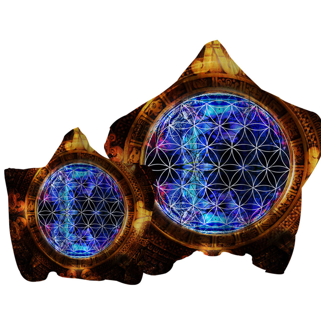Hooded Beach Towel with Cool Golden Blue Ancient Illusion
