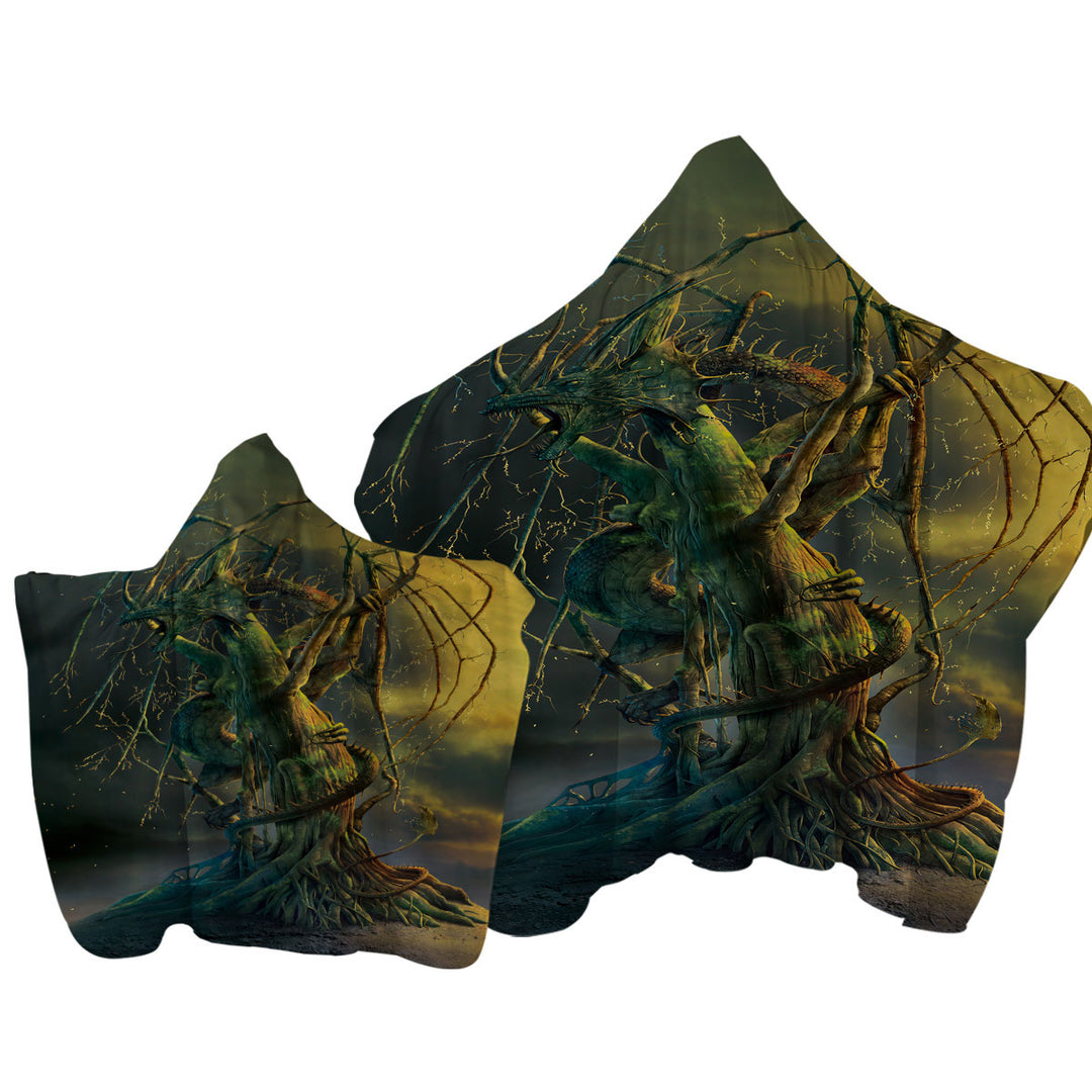 Hooded Beach Towel with Cool Tree Dragon Art Fantasy