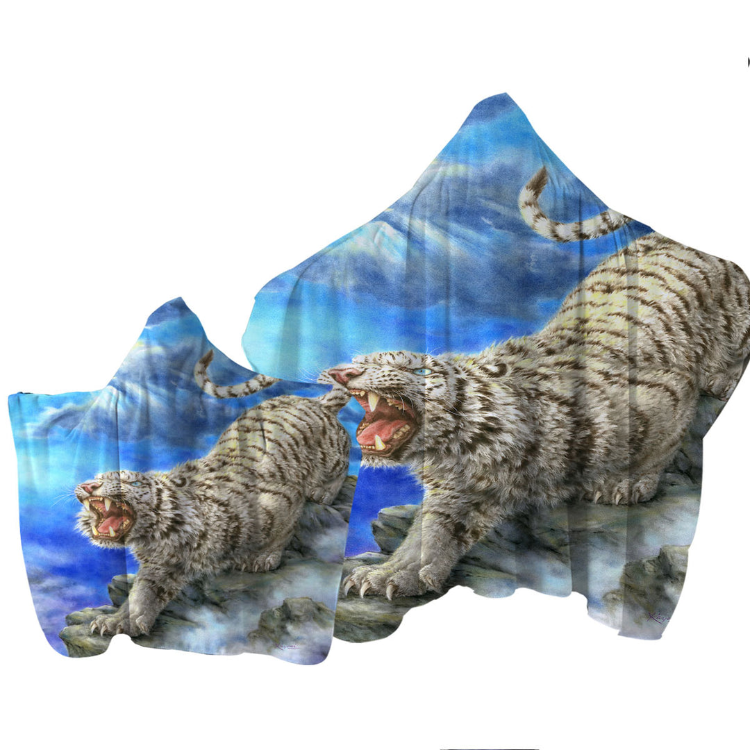 Hooded Beach Towel with Cool Wildlife Animal Art Roaring White Tiger