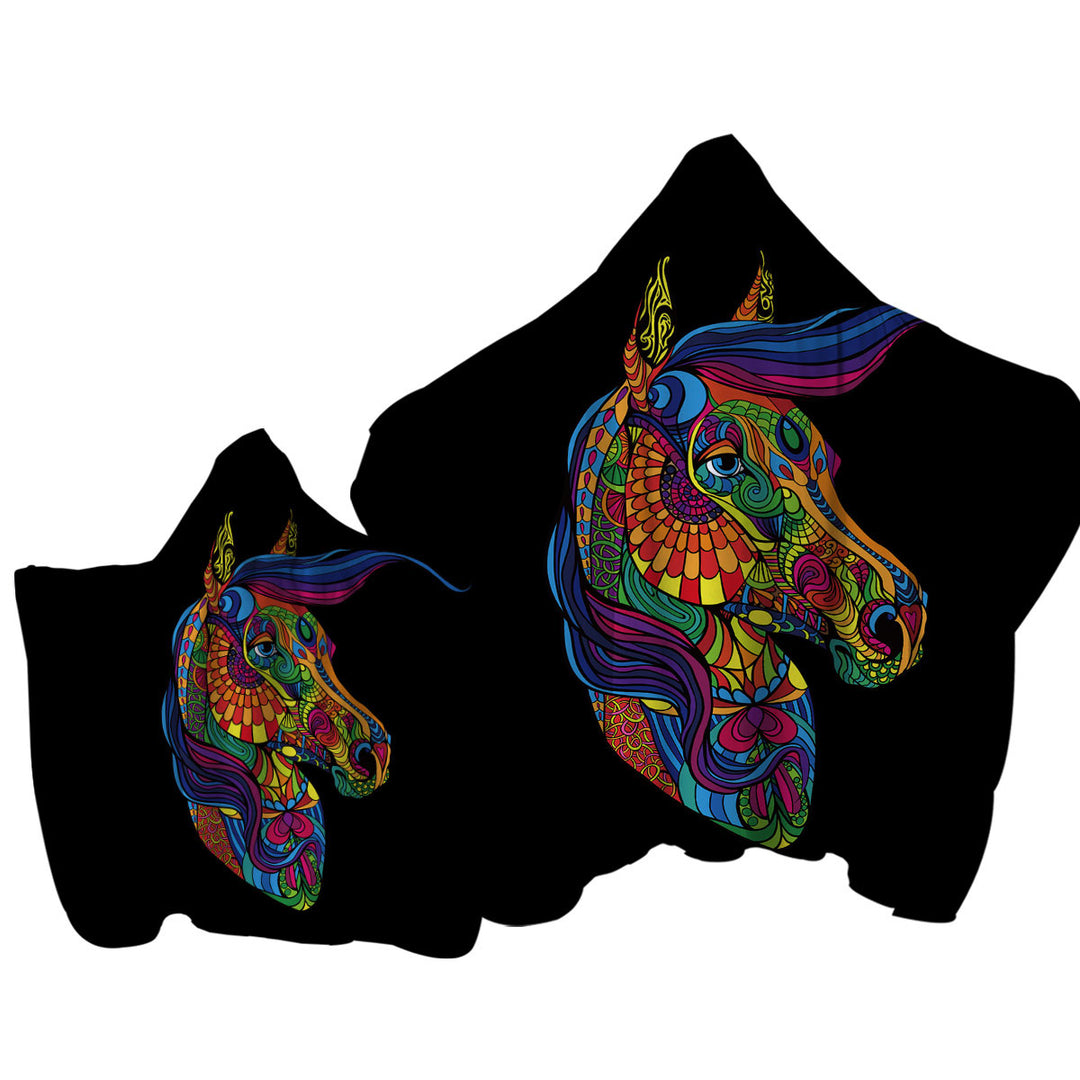 Hooded Beach Towel with Multi Colored Designed Pattern Horse