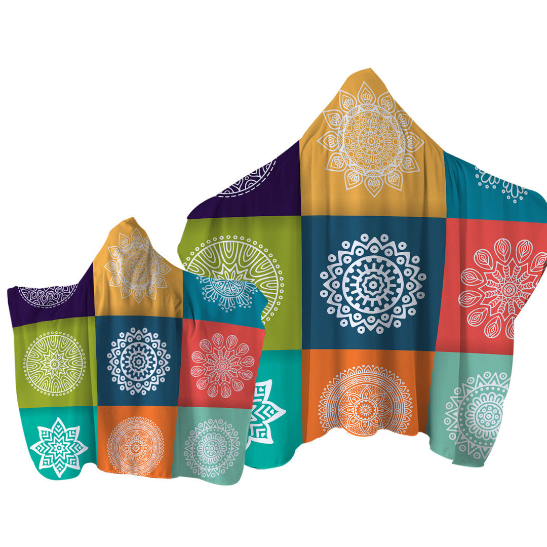 Hooded Beach Towel with Multi Colored Panel and White Mandalas
