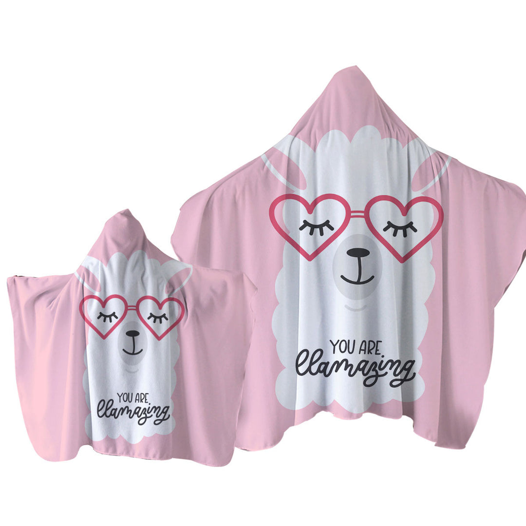 Hooded Beach Towel with Pink Background Cool Heart Glasses Llama