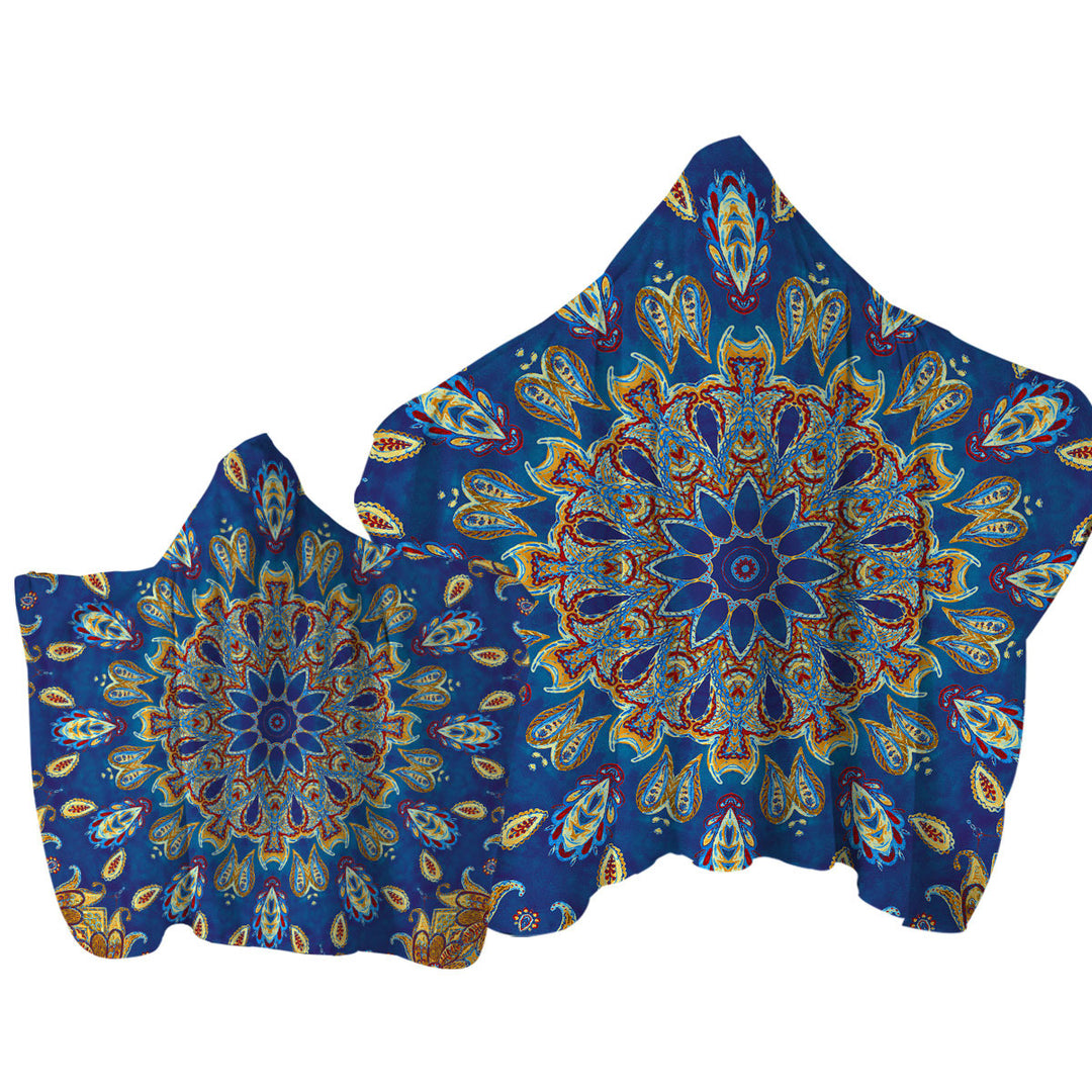 Hooded Beach Towel with Red Yellow Blue Oriental Paisley Mandala