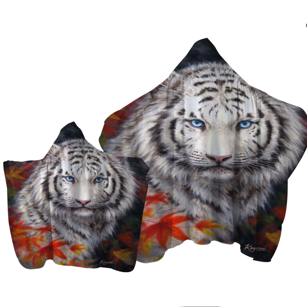 Hooded Beach Towel with Wildlife Animal Art Autumn White Tiger
