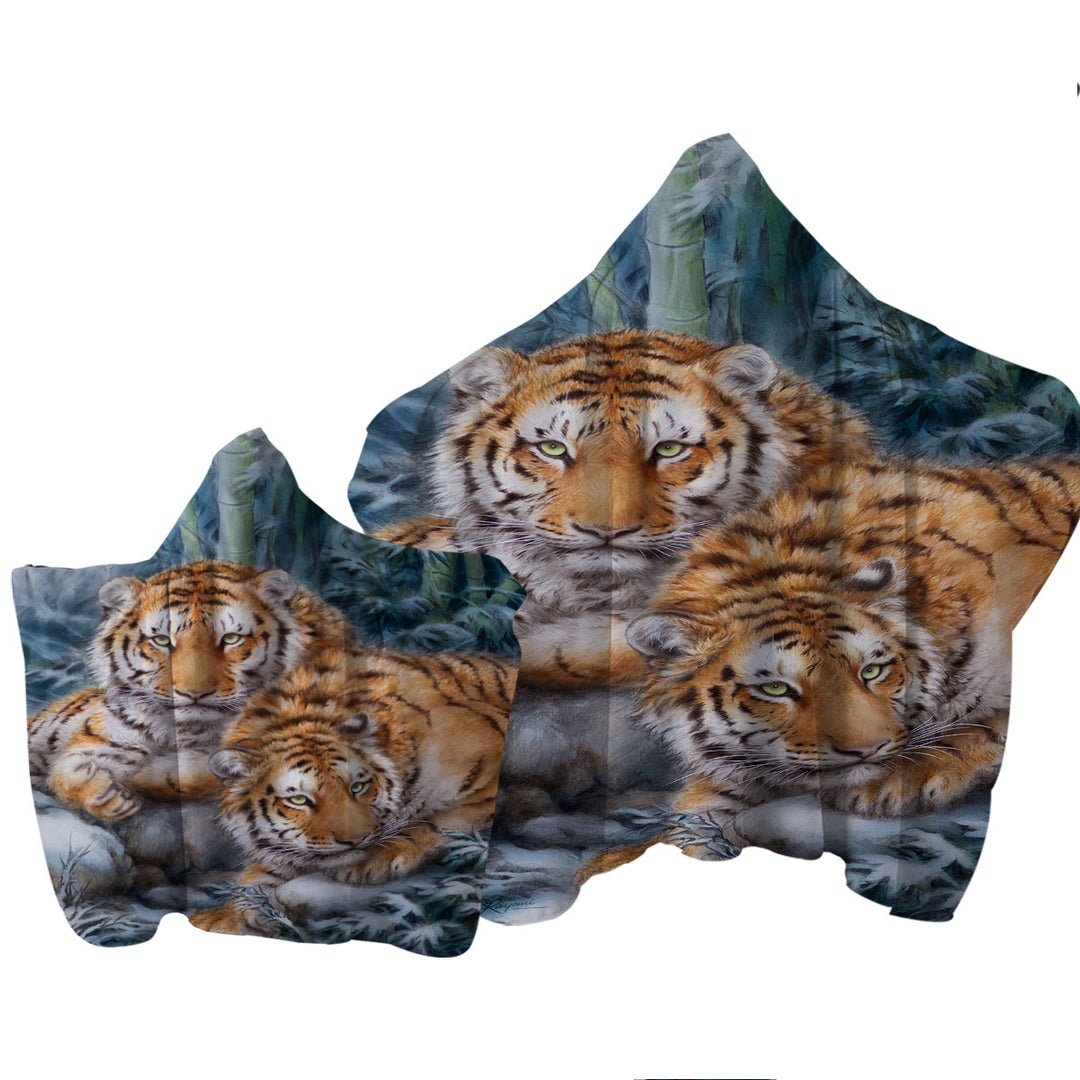 Hooded Beach Towel with Winter Bamboos Wild Tigers