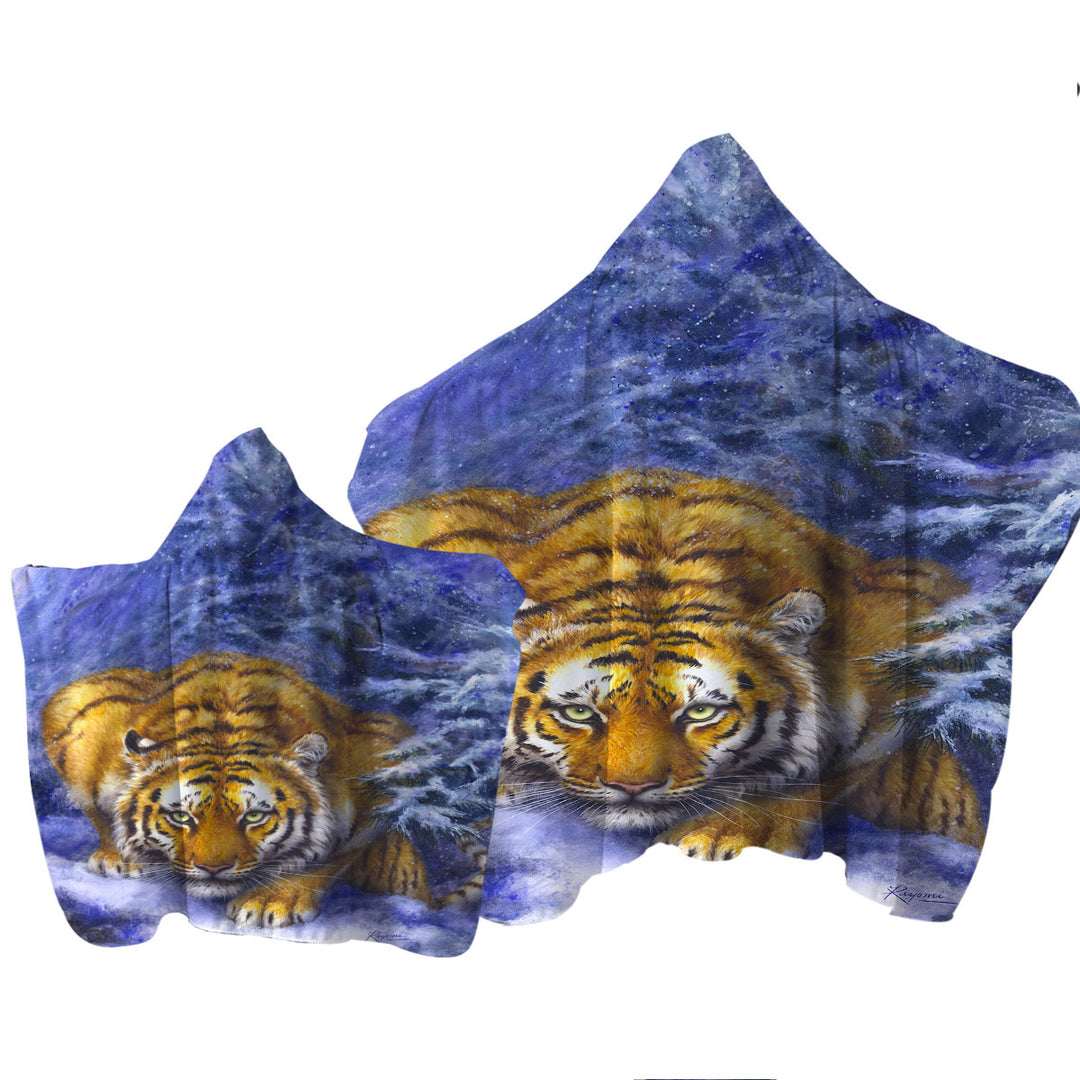 Hooded Beach Towel with Winter Forest Cool Hunting Pose Tiger