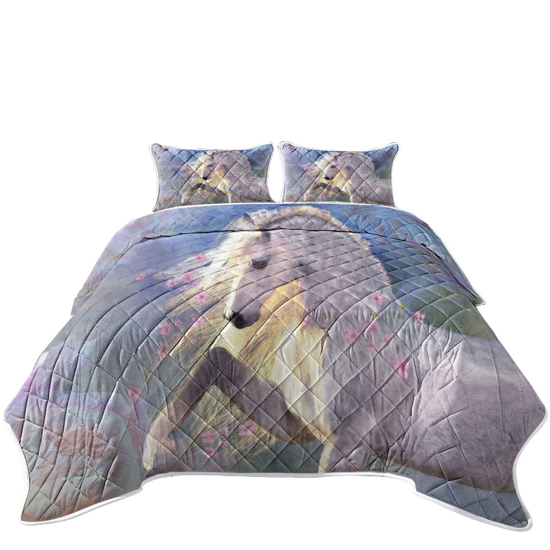 Horse Art Beautiful Pink Flowery White Horse Coverlet