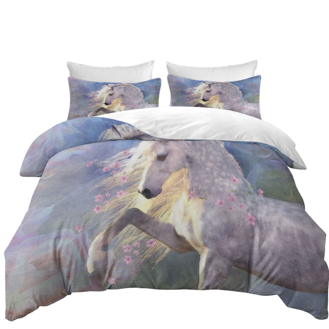 Horse Art Beautiful Pink Flowery White Horse Coverlets
