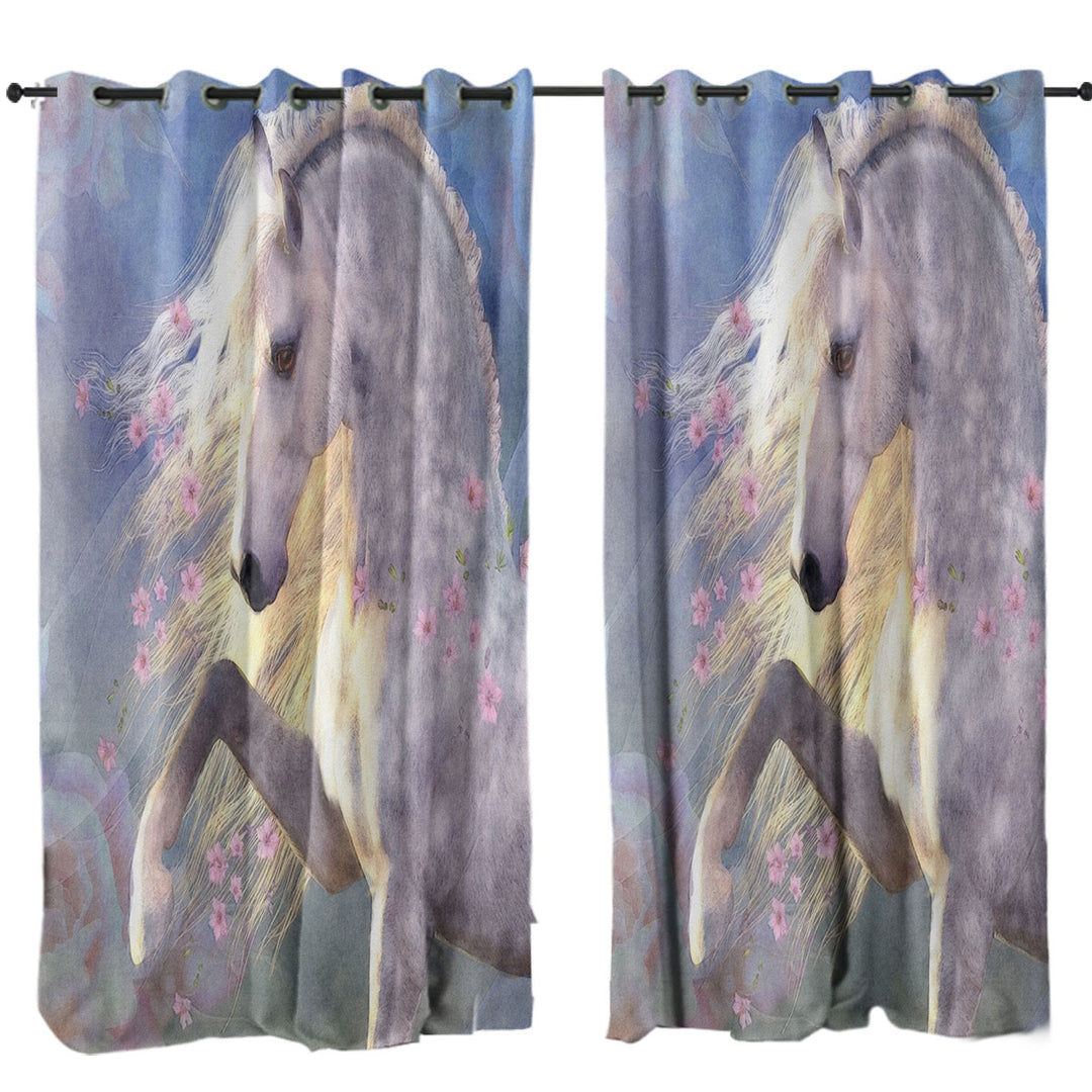Horse Art Beautiful Pink Flowery White Horse Curtains