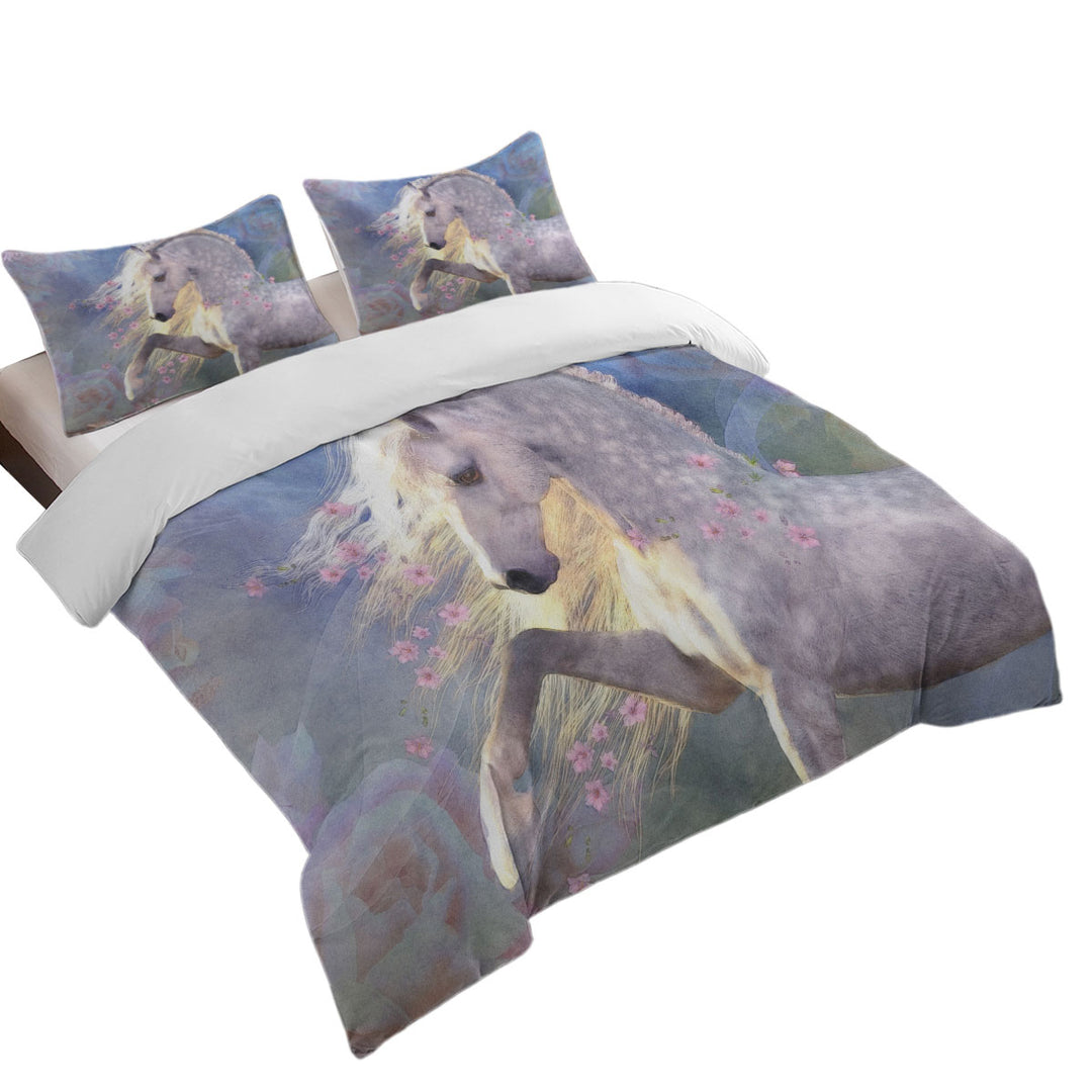 Horse Art Beautiful Pink Flowery White Horse Duvet Covers