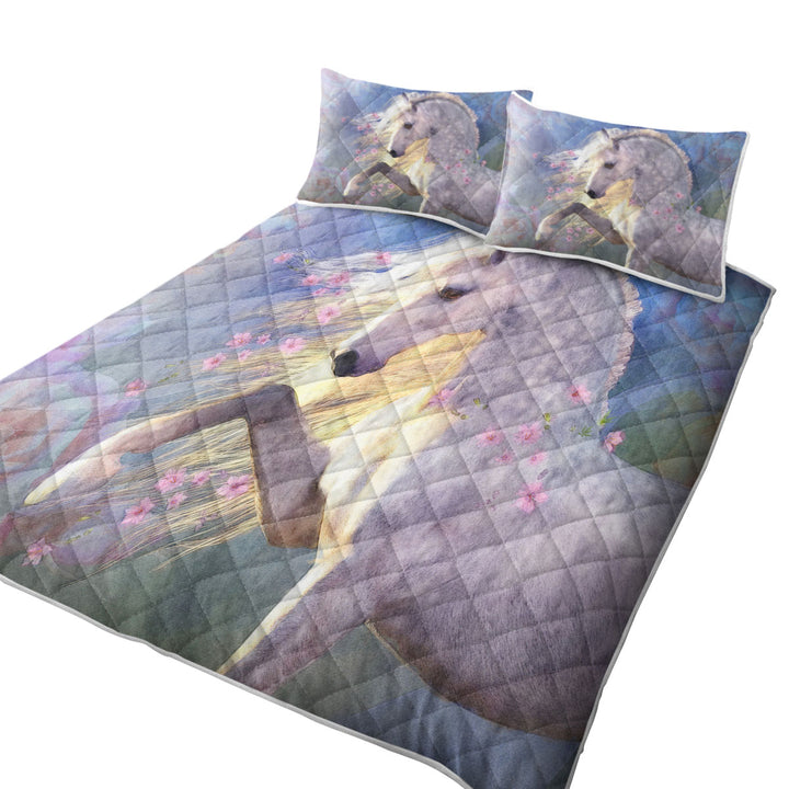 Horse Art Beautiful Pink Flowery White Horse Quilts