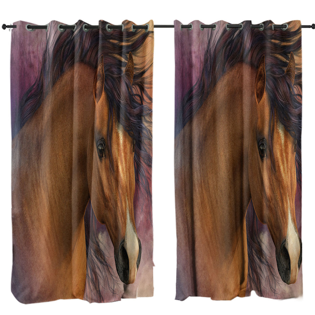 Horses Art Attractive Brown Young Horse Curtains for Living Room