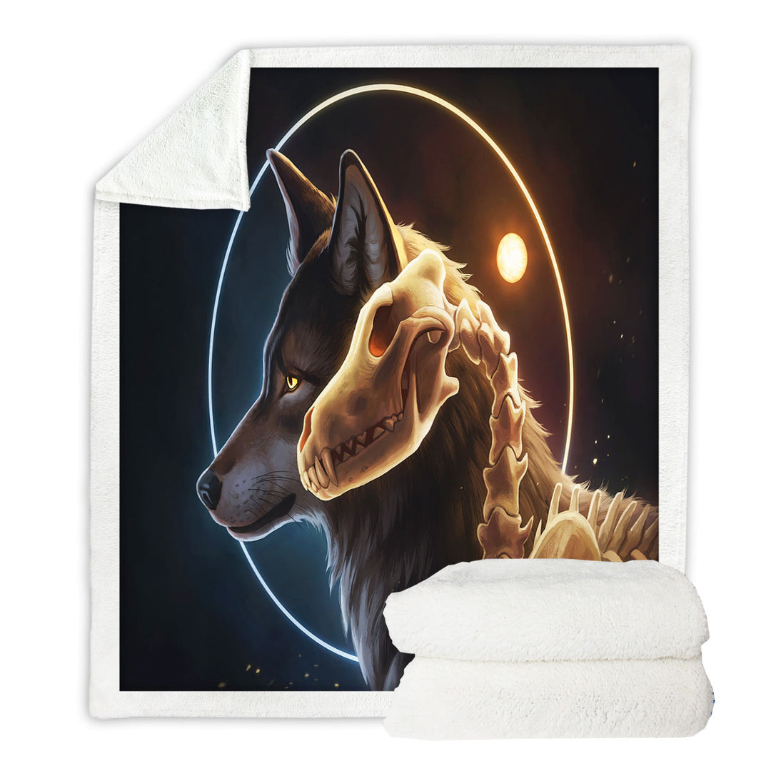 I Am Light Dark Art Skeleton Wolf Fleece Blanket