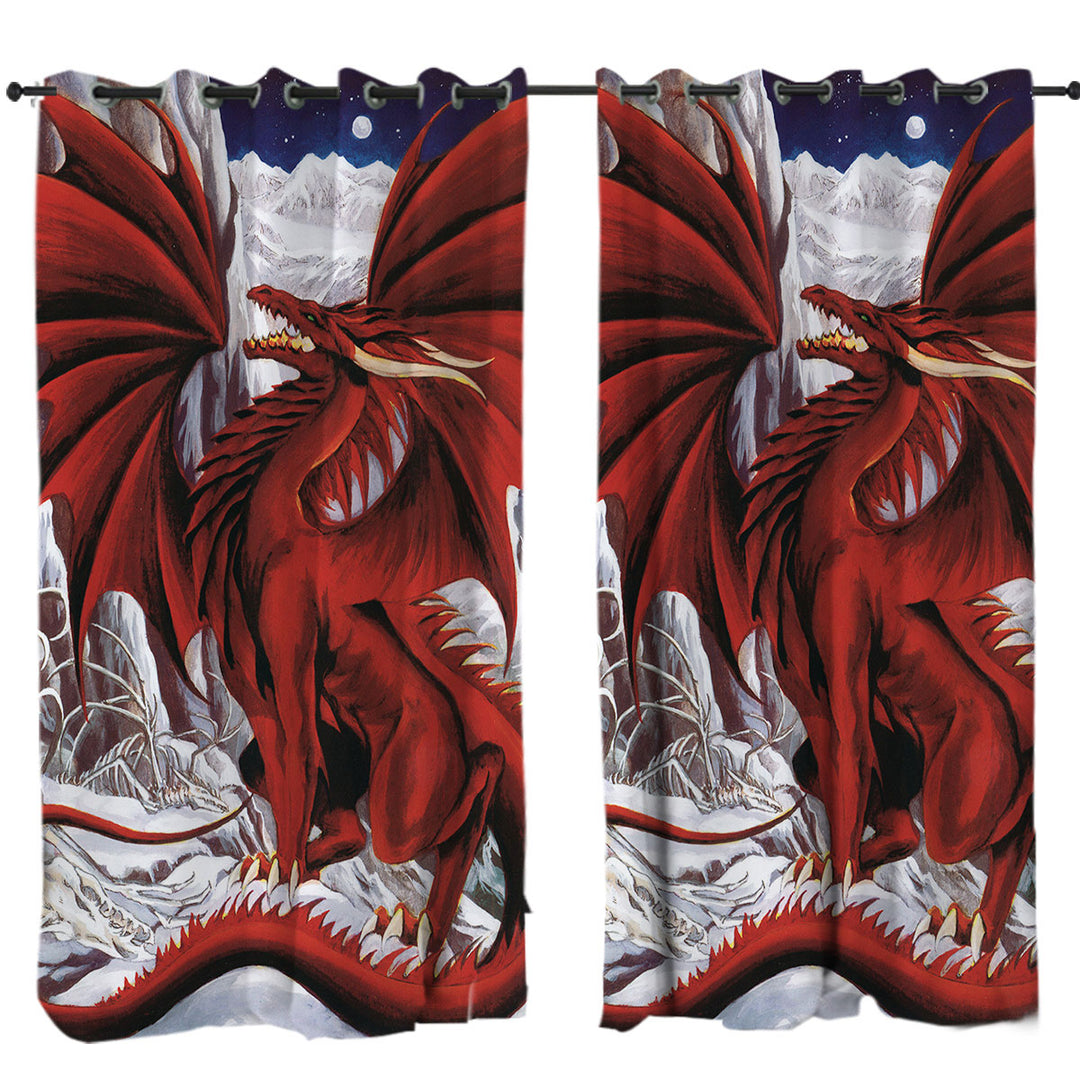 Inferno Red Dragon Drawing in the Mountains Curtains for Bedroom