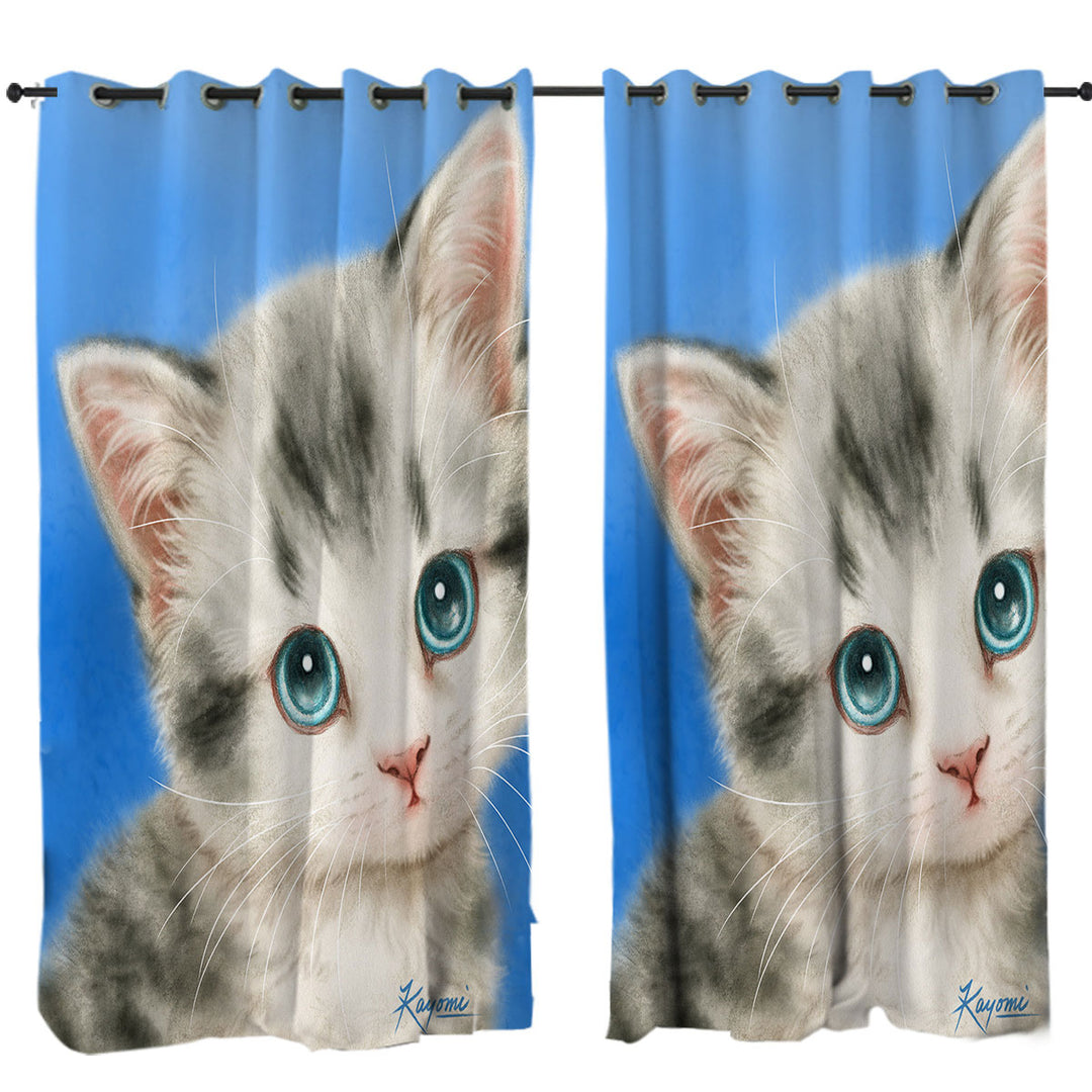 Innocent Baby Blue Eyes Grey Kitty Cat Curtains