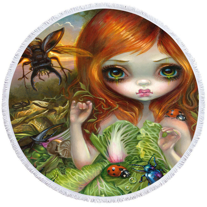Insectarium Beautiful Red Haired Girl and Beetles Lightweight Beach Towel