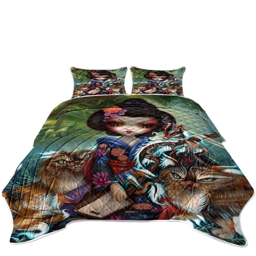 Japanese Fantasy Art Geisha Girl Kirin and Bakeneko Quilt