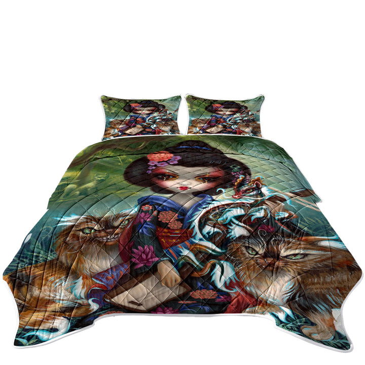 Japanese Fantasy Art Geisha Girl Kirin and Bakeneko Quilt