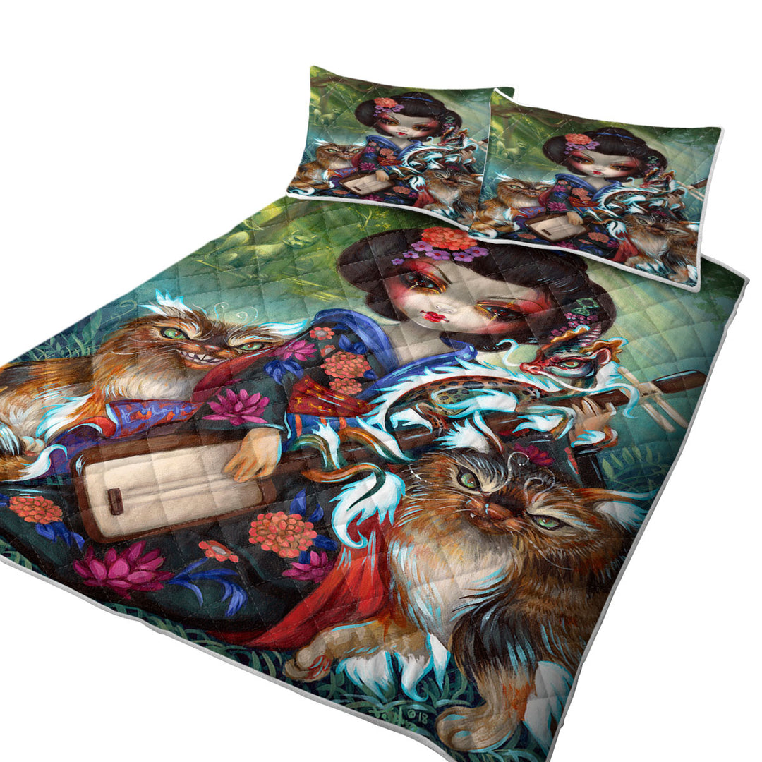 Japanese Fantasy Art Geisha Girl Kirin and Bakeneko Quilts