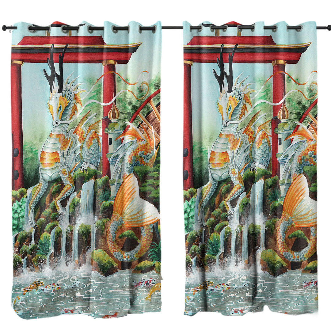 Japanese Garden Koi Fish and Dragon Eyelet Curtains