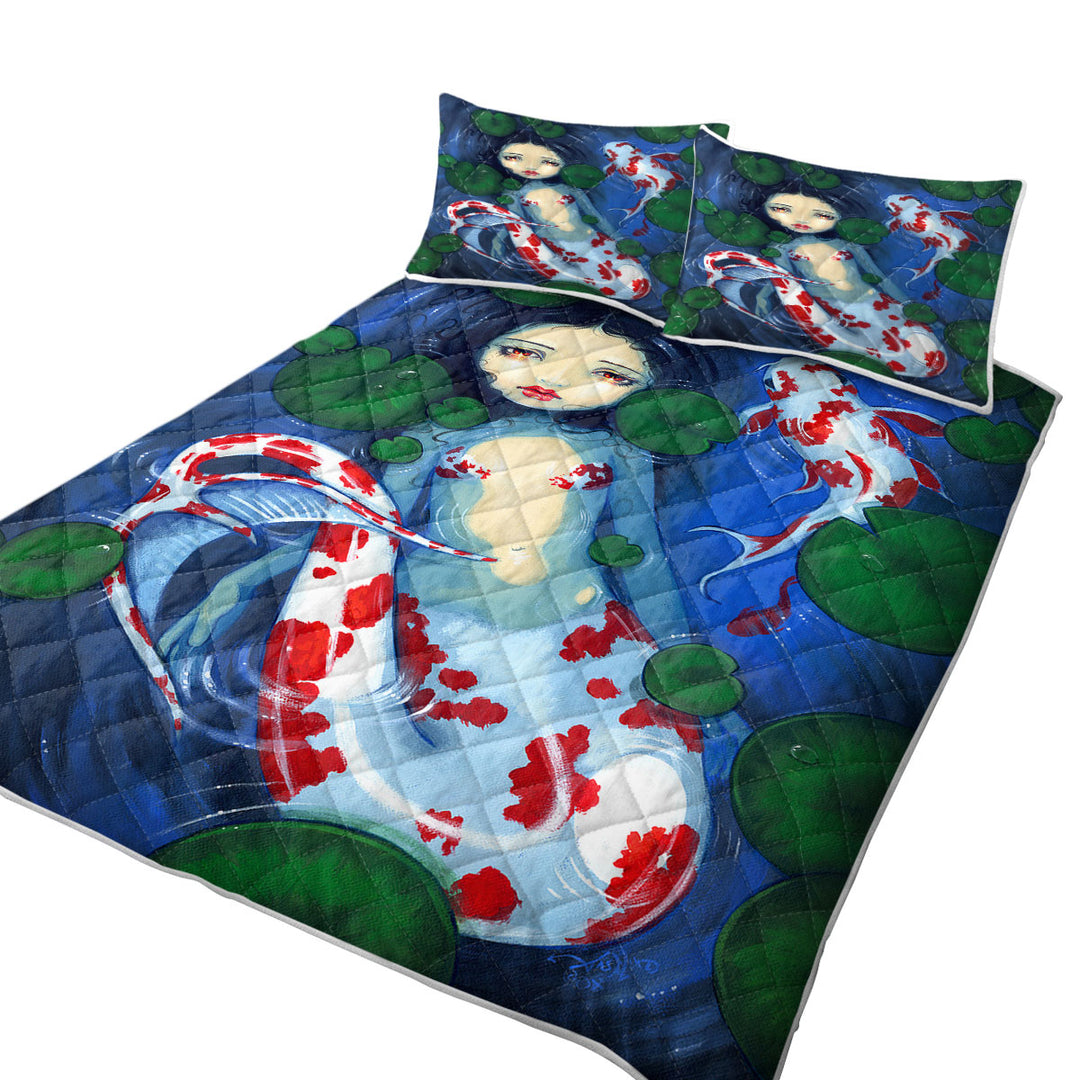 Japanese Garden Lily Pads and Koi Pond Mermaid King Size Quilt