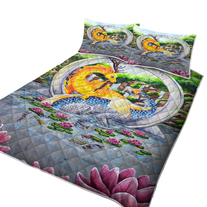 Japanese Water Lilies Garden Unity Koi Dragons Coverlet