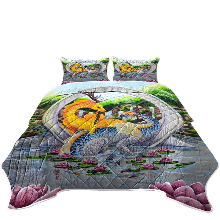 Japanese Water Lilies Garden Unity Koi Dragons Coverlets