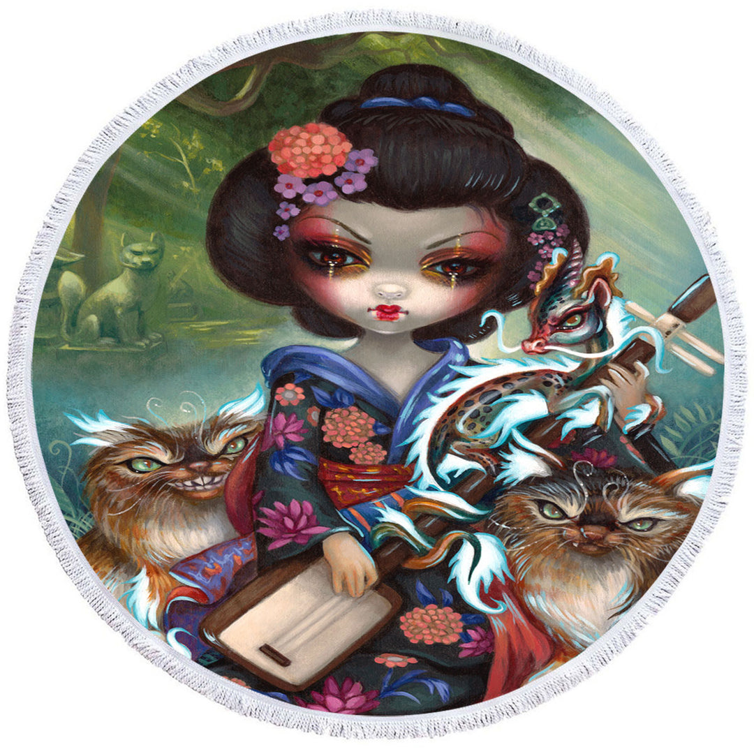 Japanese Womens Beach Towel Fantasy Art Geisha Girl Kirin and Bakeneko