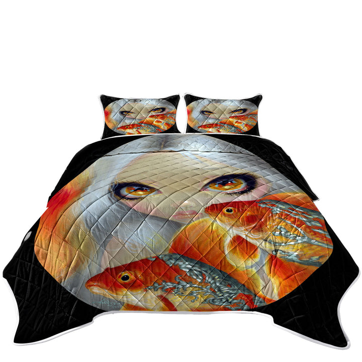 Jeweled Fish Silver and Gold Mermaid Art Coverlets