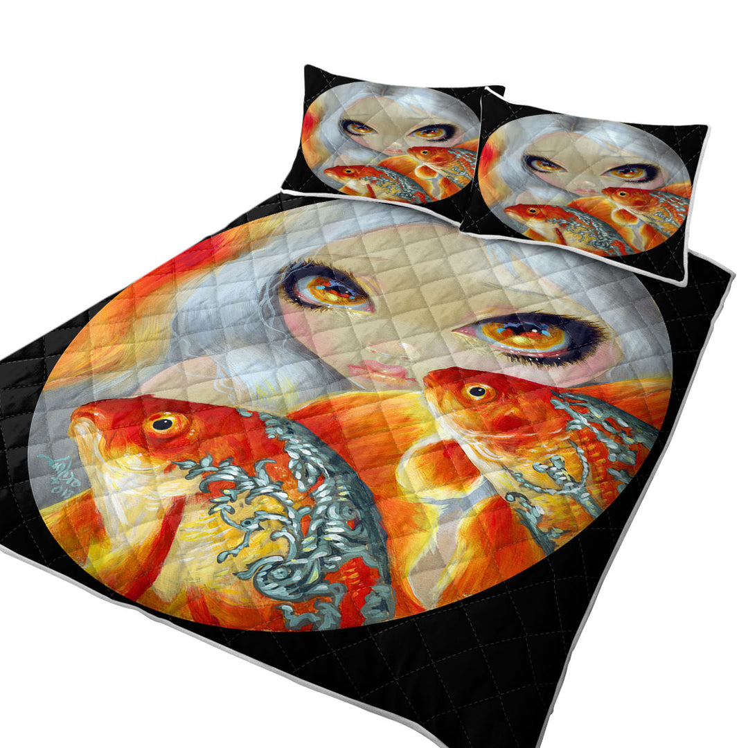 Jeweled Fish Silver and Gold Mermaid Art King Size Quilt Sets