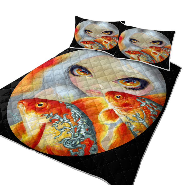 Jeweled Fish Silver and Gold Mermaid Art King Size Quilt Sets