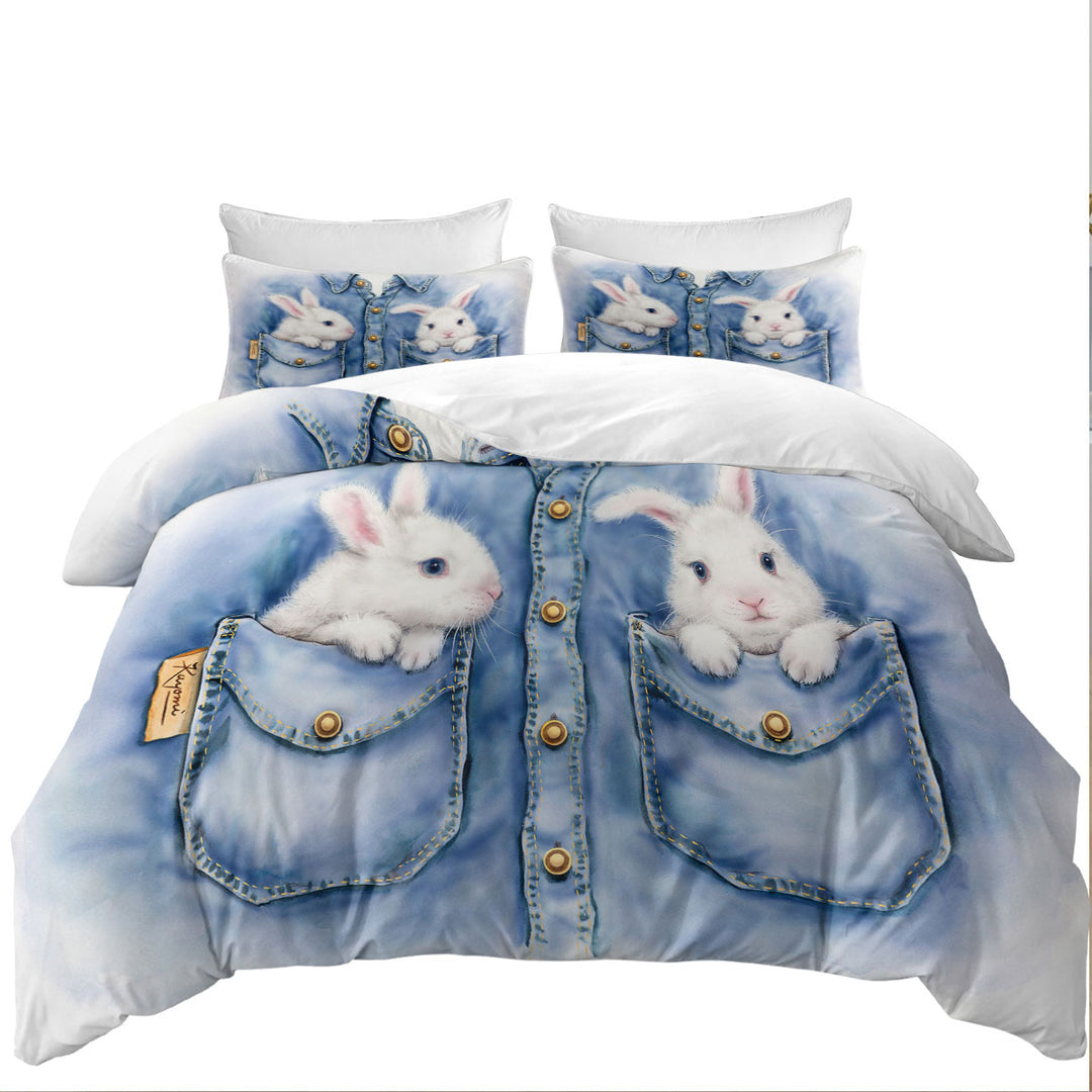 Kids Adorable Animal Drawings Pocket Bunnies King Duvet Cover set