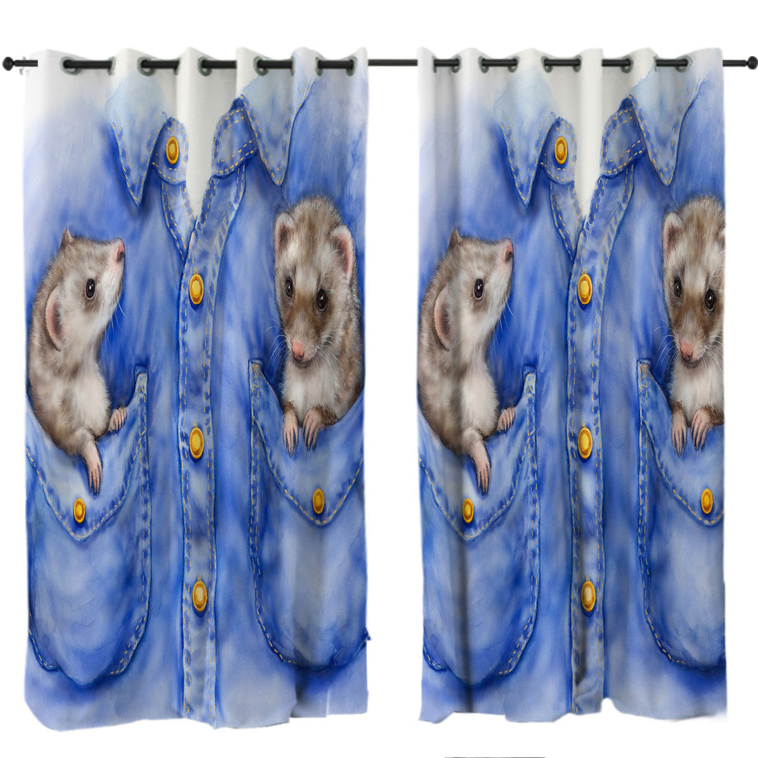 Kids Adorable Animal Drawings Pocket Ferrets Curtain